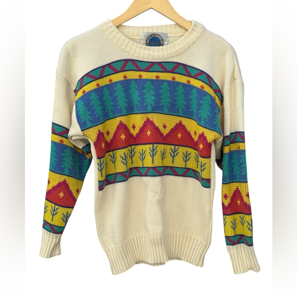 Vintage World Famous Knit Sweater Forest Tree Mountain Scene Unisex M
